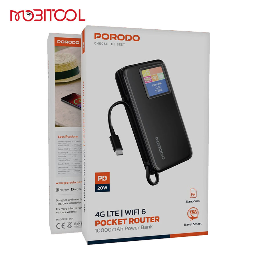 Porodo 4G LTE | WiFi 6 Pocket Router with 10000mAh Power Bank