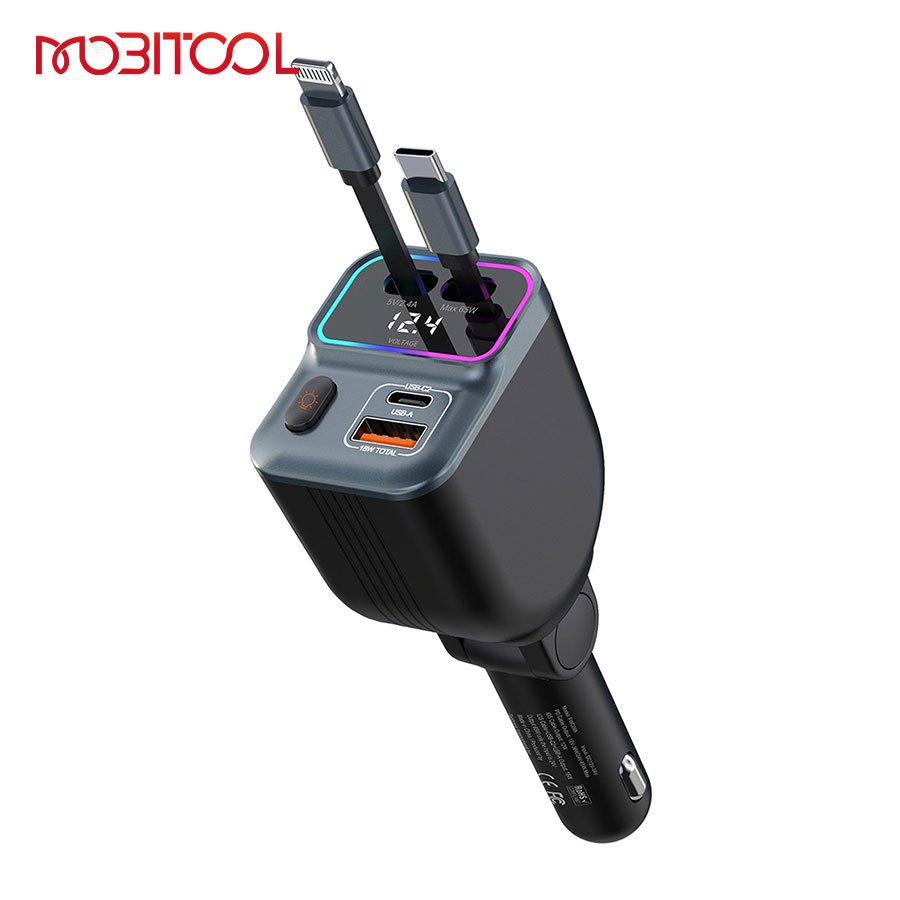 Porodo 65W Car Charger Dual Retractable Cable