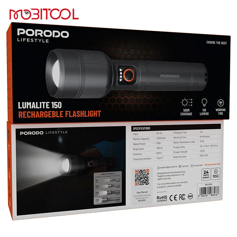 Porodo Lumalite 150 Rechargeable Flashlight