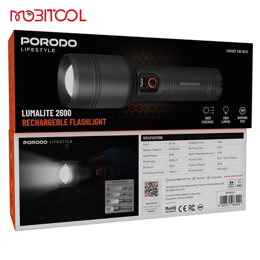 Porodo Lumalite 2600 Rechargeable Flashlight