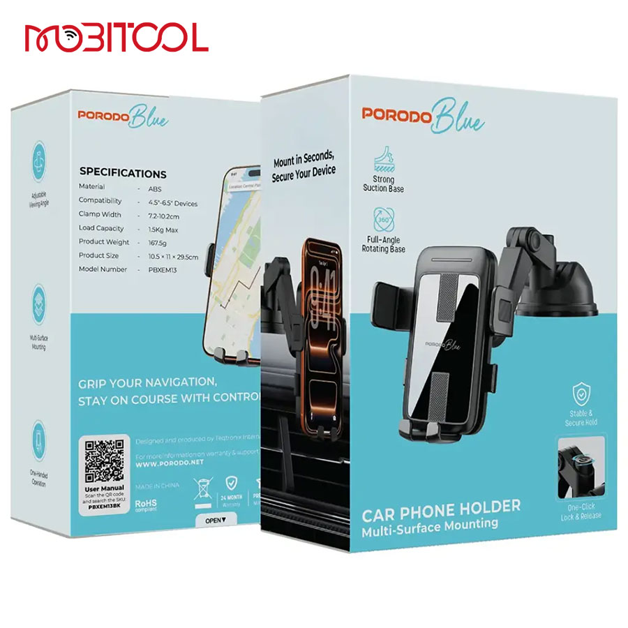 Porodo Blue Car Phone Holder Multi-Surface Mounting PBXEM13
