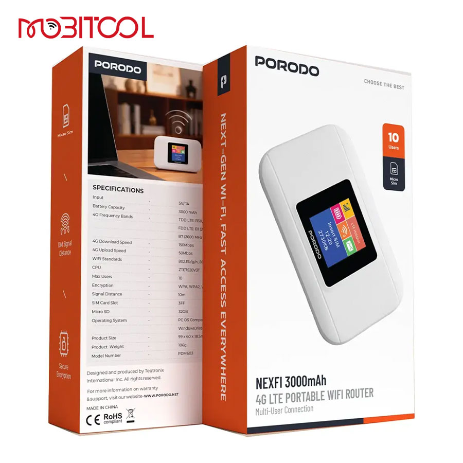 Porodo Nexfi 3000mAh 4G LTE Portable WiFi Router