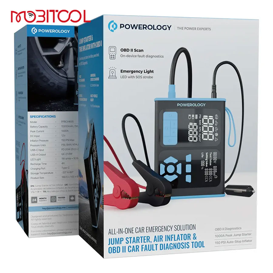 Powerology Jump Starter, Air Inflator & OBD II Car Fault Diagnosis Tool Powerology Jump Starter, Air Inflator & OBD II Car Fault Diagnosis Tool